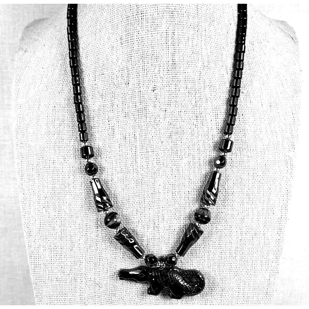 Carved Hematite & Tigers Eye Gator Pendant 17